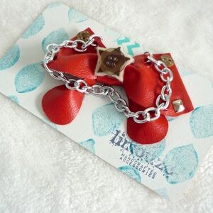 Red Vinyl Bow Brooch - Metal Chain Detail - OOAK - Handmade by Limouze